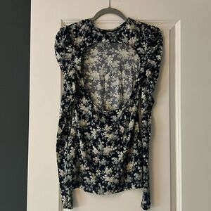 LES REVERES Floral puff sleeve cut out back top